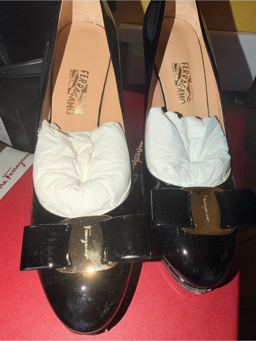 Salvatore Ferragamo Black Patent Vara Bow Flats with Gold Plate